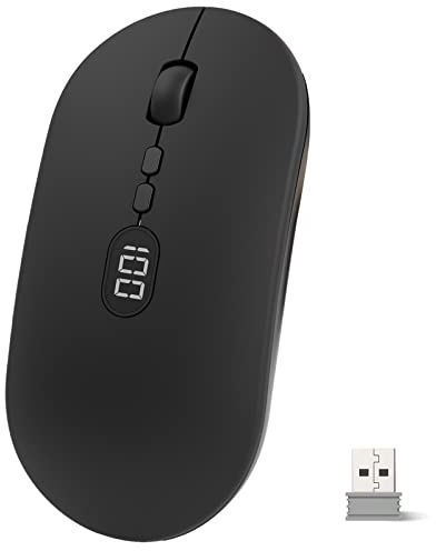 Ratón Inalámbrico Recargable con Pantalla de Display de Batería Silencioso Click Wireless Mouse 2.4G Ratón Mini Ultra Delgado Receptor USB 1600 dpi para Portátil/PC/Computadora/Macbook - Negro