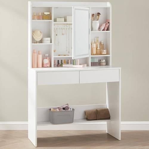 VASAGLE KAILYN Collection - Dressing Table with LED Lights, 3 Colours, Vanity Desk with Mirror, Vanity Table with 2 Drawers, Makeup Desk, Modern, White RDT123W01