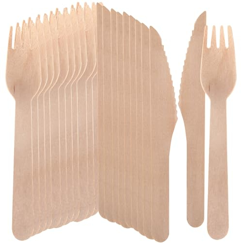 Sabco 200pcs Wooden Cutlery Set – 100 Forks & 100 Knives | Premium Birch Wood Disposable Cutlery | Biodegradable, Eco-Friendly, Sturdy & Smooth Wooden Knives and Forks for Parties, Events & Catering