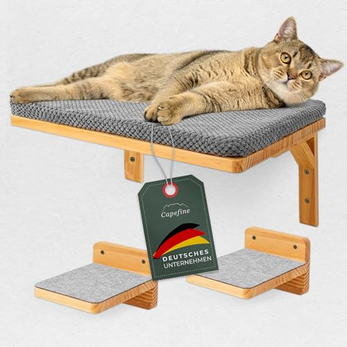 Capefine- Edles Katzenkletterwand Set inkl. Katzentreppe. Katzen Wandmöbel-Set zum Wohlfühlen. Katzenbett Wand I Katzenmöbel I Wandkratzbaum für Katzen I Wandregal Katze
