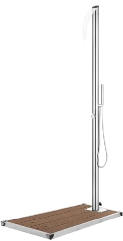 Willood Gartendusche mit Brauner Bodenplatte Edelstahl 225cm Garten-Dusch Set Außendusche Campingdusche Pooldusche Camping Pool Außen Dusche Bodenelement