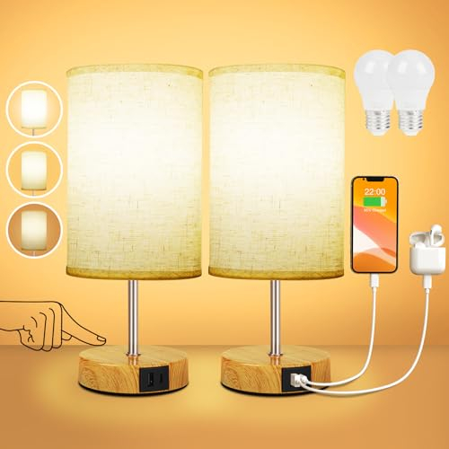 Suright Nachttischlampe Touch Dimmbar 2er Set, Tischlampe mit Ladefunktion USB A+C-Anschlüssen, Leinen-Lampenschirm, Holzsockel, Kleine Lampe für Schlafzimmer Wohnzimmer (LED-Birne Inklusive)