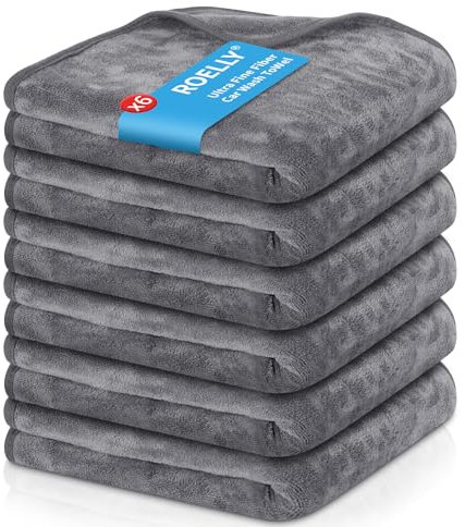 ROELLY Serviette Microfibre, Ensemble de 6 Chiffon Microfibre, Serviette Microfibre Voiture, 40 * 40 cm, pour Le Nettoyage et Le Polissage de La Voiture, Gris