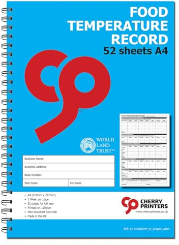 Cherry Food Temperature Record Book | A4 Size | 52 Pages | 120gsm Paper | Spiral Bound | Weekly Monitoring for Refrigeration, Cooking, Delivery, and Holding Temps **4 Pack**