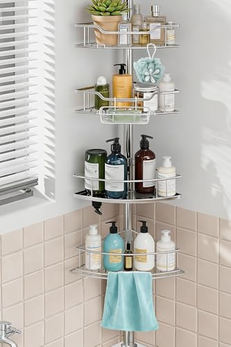 Dimyno Corner Shower Caddy Tension Pole Rustproof, 4 Tier Adjustable Shower Organizer Tension Pole, 25-125 Inch Bathroom Shower Organizer for Bathtub Shampoo Storage, Silver