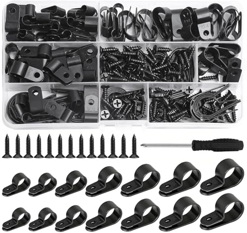 Seconero Nylon R Clip 134 Stück, 7 Größen R-Typ kabelschellen zum Schrauben, Kabelklemmen mit 110 Stück Schrauben Und Schraubendreher, Kabelschellen Schwarz für Draht Kabelführung Kabelbefestigung