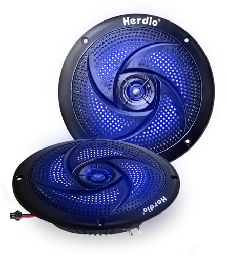 Herdio Marine högtalare – 5,25 tum 2-vägs vattentät och väderbeständig med LED-lampor, 180 watt effekt och låg profil smal stil – 1 par (svart)