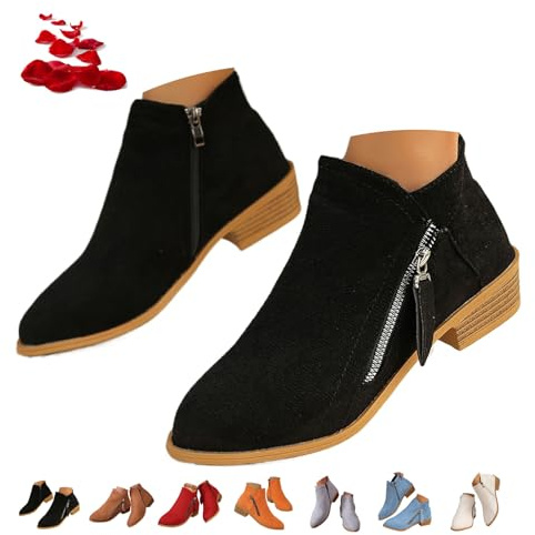 Botas de tobillo de ante para mujer con cremallera, botas de moda con punta y tacón bajo grueso para mujer, botas de gamuza con cremallera lateral, botas de caminar de suela, Black, 0 UK