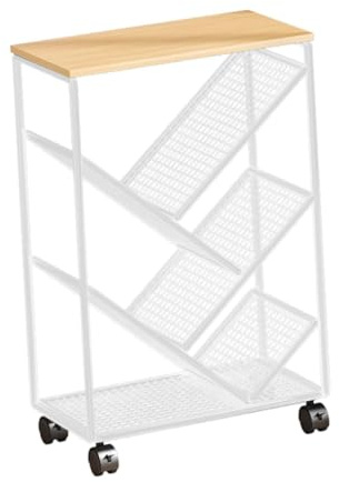 Iron Book Trolley with Multi-tier Design, Space-saving Mobile Bookshelf Cart for Home Office Work Area 14.57x7.87x22.44inch- White