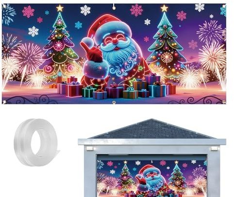 Générique Coperta per porta Garage Natale,decorazione di feste fluorescenti UV 4 x 2 m, tela da garage per feste, per amanti fai da te, decoratori, ospiti feste, quartiere, giardino