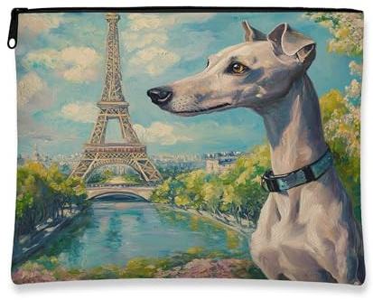 Beauty case artistico parigino con cane Torre di Parigi, borsa per cosmetici da donna, organizer portatile in tela con cerniera, borsa da viaggio primaverile, 17,8 x 22,9 cm