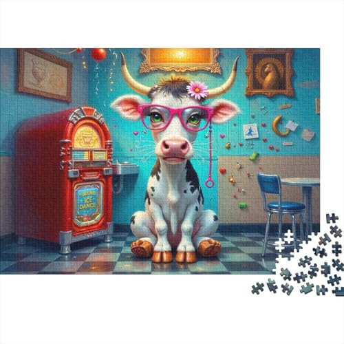 Puzzle 1000 pezzi Mucca Cartoon con Occhiali, cartone riciclato premium, mucca jukebox colorata e stimolante per adulti +14 anni, 70x50cm