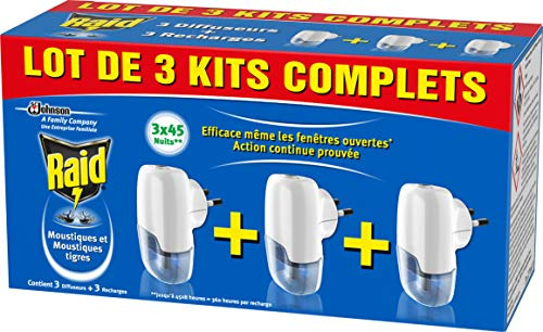 Raid Diffuseurs Électriques Liquide, Moustiques et Moustiques Tigres, 45 Nuits, Insecticide , 2 paquet de 3 diffuseurs + 3 recharges 3 x 27 ml