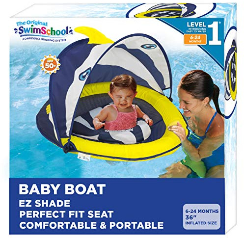 SwimSchool Deluxe Baby Float with Adjustable Canopy - 6-24 Months - Baby Swim Float with Splash & Play Activity Center Safety Seat - Navy/White