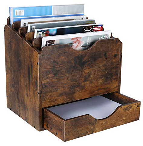 PAG Mail Sorter mit Schublade Stehsammler Holz für Aktenordner Post/Umschläge/Versandbedarf/Zeitschriften, Papieraufbewahrung Aktenregal mit 6 Fächer, Antik-Braun