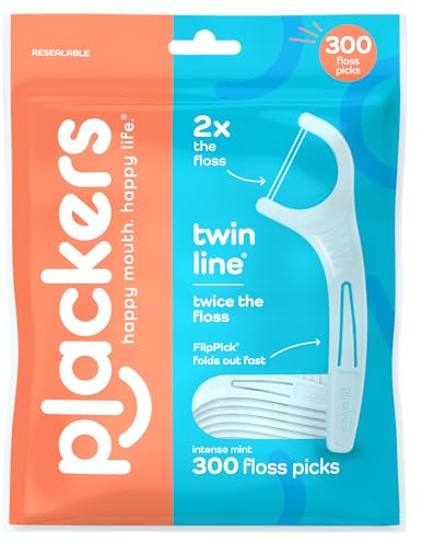 Plackers® Twin Line® Floss Picks with Tuffloss® Fiber & FlipPick®, Intense Mint, Double-Line Flosser for Effective Plaque Removal, 300 Count