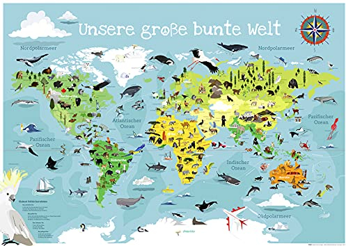 Close Up Kinder Weltkarte XXL Poster - Unsere große Bunte Welt 140 x 100 cm - handgezeichnete und colorierte Panorama Kinderweltkarte