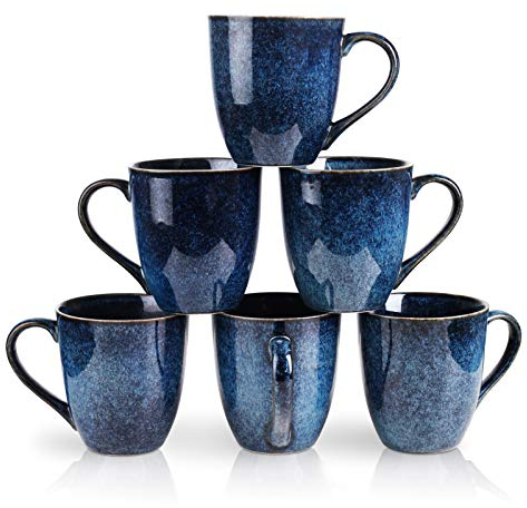 vicrays Stoneware Tea Mug Set of 6, 350 ml, Stoneware Coffee Mug for Men, Women, Unique Glazed Mugs with Handle for Coffee, Tea, Milk, Cocoa, Cereal (Starry Blue)