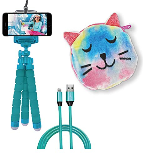 Skylar 3-Piece Smartphone Accessory Kit for Kids – Flexible Tripod, 6ft. Charging Cable, Plush Cat Carrying Case (Lucky Kitty) – Vlogging, Influencer Kit for Kids