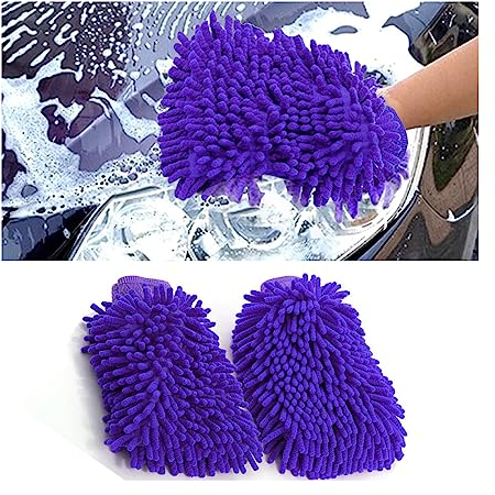 JNNJ 2 PCS Autowaschhandschuh, Mikrofaser Waschhandschuh Auto, Außen Zottel-Waschhandschuh für Professionelle Autopflege - 100% kratzfrei & schonend, Entfernt Mühelos hartnäckigen Schmutz(Lila)