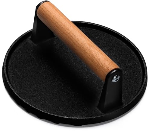 EWFEN Burger Press, 7 Round Heavy-Duty Cast Iron Smash Bacon Press Meat Steak with Wood Handle for Griddle, Sandwich, Nonstick Pan