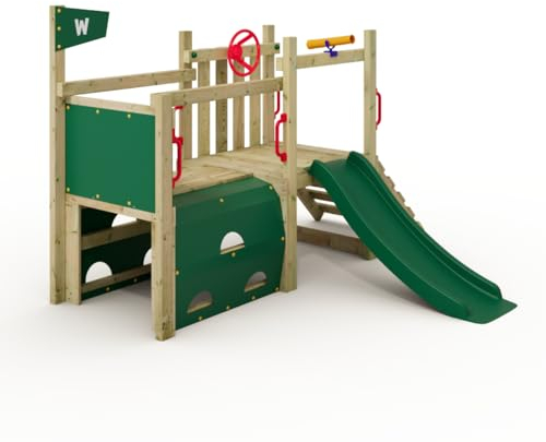 Wickey My First Fort 2 Kleinkind Spielturm, Klettergerüst, Garten Spielgerät für Kinder aus impregniertem Massivholz mit grüner Rutsche und grüner Plane