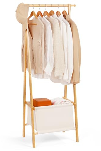 Relquorax Bamboo Clothes Rack with Storage Box, Portable Extra Large Garment Rack Clothing Rack, Foldable Wardrobe For Entryway and Bed Room (S)