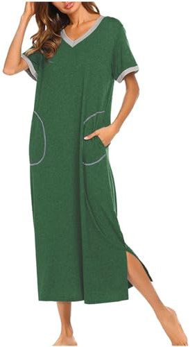 Mrat Women's Nightdress Short Sleeve Nightshirts with Pockets Summer Sleepwear V Neck Nightgown Soft Boyfriend Long Nightwear Ladies Chemise Longwear Comfy Lingerie Dress Loose Baggy Negligees