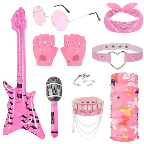 Lot de 9 accessoires de costume rocker rose années 80 - Costume punk gothique avec gants gonflables - Basse microphone - Collier tête de mort - Lunettes - Bandana - Masque pour adultes - Fête