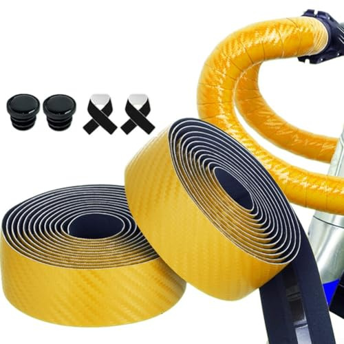 Cinta para manillar de bicicleta de carretera con material de poliuretano, diseño de fibra de carbono para antideslizante y comodidad (amarillo)