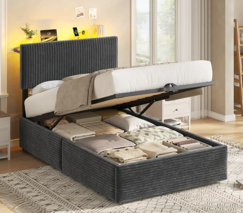 KIMENICH Cama con Somier 90x200cm con Sistema Hidráulico y Almacenamiento, Cama Canapé 90x200 con Cabecero Ajustable y LED Smart, Estación de Carga, Terciopelo a Rayas, Gris