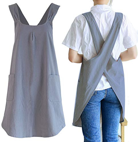 NEWGEM Japanese Linen Cross Back Kitchen Cooking Aprons for Women with Pockets Cute for Baking Painting Gardening Cleaning Gray