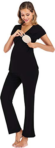 rismart Dam moderskap och amning pyjamas set kortärmad gravid sjukhus nattkläder t-shirt topp med byxa, Svart, XL