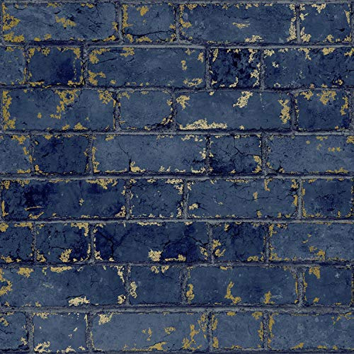 Muriva 3D Effect Navy Blue Gold Metallic Brick Wallpaper Stone Industrial