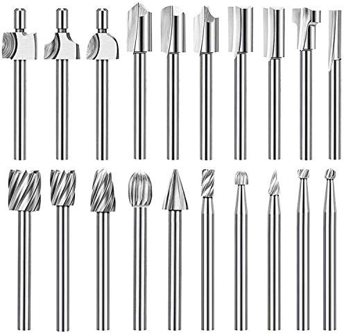 Hakkin Wood Carving Tools 20Pcs HSS Router Bits with 3mm Shank for Power Rotary Tools Carbide Burr Set Rotary Tool Accessories for DIY Woodworking Carving Engraving Drilling