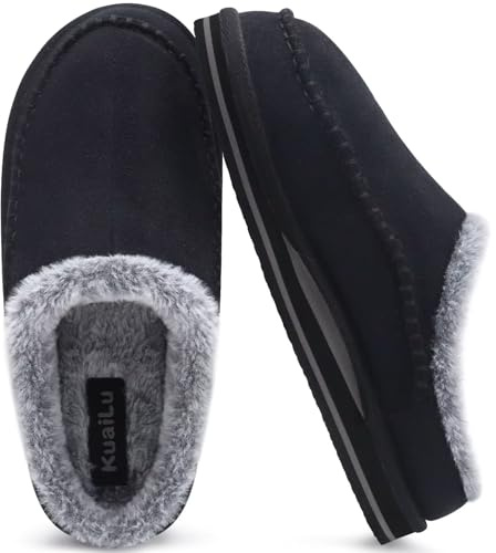 KuaiLu Zapatillas de soporte de arco para hombre Cómodo Interior Puntadas Hecho a mano MicrogamuzaZapatos de casa Ponerse Cálido Piel sintética Caucho Exterior Negro Tamaño 44