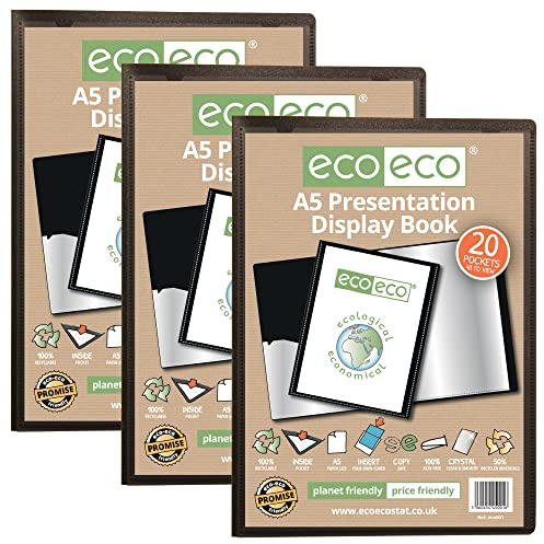 Ecoeco - Raccoglitore per presentazioni, formato A5, 50% riciclato, 20 tasche, colore nero, con custodia in plastica, eco001 x 3, confezione da 3 libri