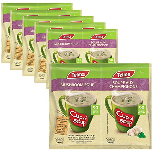 Telma Mushroom Cup of Soup – Instant Mushroom Soup Mix – 6 Pack (12 Sachets) – No Preservatives, 90 Calories Per Bag – Quick & Easy Soup – Kosher – Vegan Friendly – Great for Lunch or Snacks