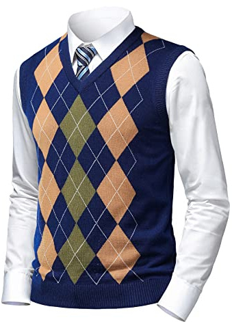 Herothorn Homme Argyle Gilet en Laine Col en V Classique Cardigan sans Manches Losanges Pull Tricoté Débardeurs pour Automne Hiver