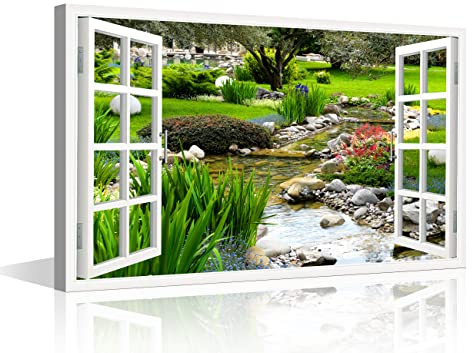 Canvas Nature Art Window View Decor for Home Clear Spring and Green Grass Out of The Open Window Creative Wall Hanging Prints for Office Home Kitchen Decorations Framed Ready to Hang (18W x 12H)
