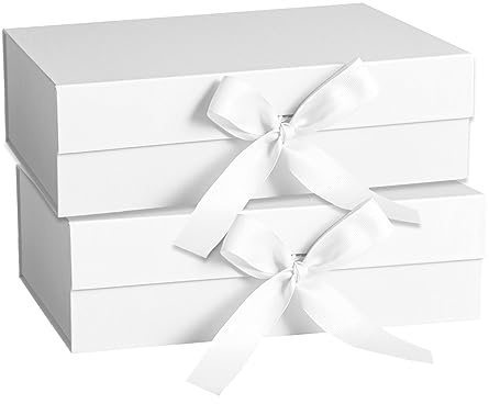 2 Pcs Gift Box with Lid Ribbon, 23 x17 x7cm Magnetic Foldable White Gift Box, Gift Packaging Box for Valentine's Day Mother's Day Christmas Halloween Wedding Engagements Birthdays Party Favor Boxes