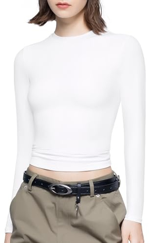 PUMIEY Long Sleeve Shirts for Women Crew Neck Slim Fit Fall Tops Sexy Basic Tee, Splashed White Small