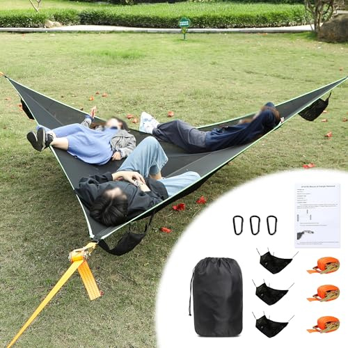 ISTATSO Triangle Hammock, 13 Ft Camping Hammock for Outside with 3 Ratchet Tie Down Straps and Storage Bag, Portable Hammock Max 800 Lbs for 2-6 Adult or Kid for Outdoor Travel (157''/400cm)