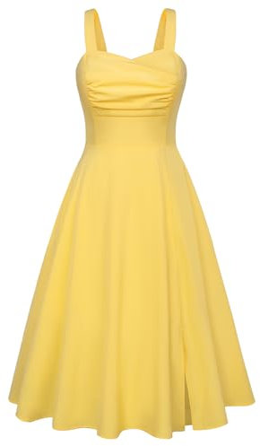 Damen Spaghetti Blumenkleid Midi A-Linie Partykleid Rockabilly Cocktailkleid Sommerkleid mit Schlitz Hellgelb L