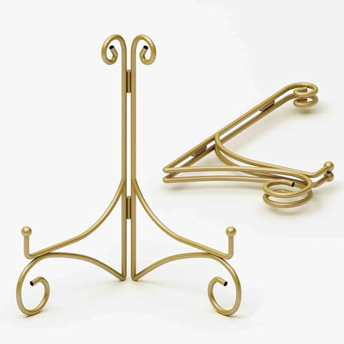 UoYeet Gold Metal Plate Stand, Folding Picture Frame Holder for Display, Iron Easel for Photo, Coolbook, Card, Platter, Decorative Plate, 8-inch, 2-Pack