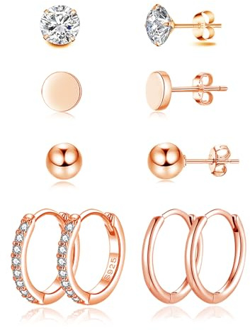 Loutade Silver Hoop Earrings for Women, 5 Pairs 925 Sterling Silver Hoop Earrings & Stud Earrings Set, CZ Small Cartilage Huggie Rose Gold Hoop Earrings Sleeper Rose Gold Stud Earrings for Girls