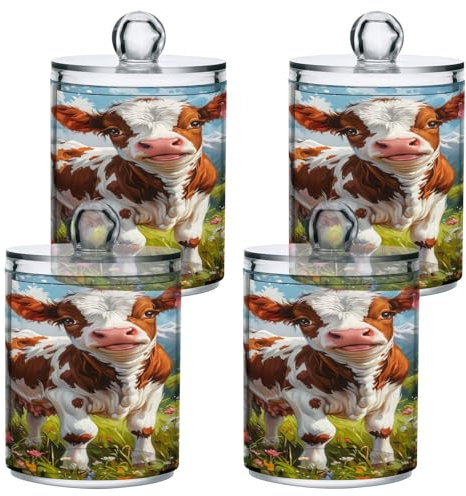 GAIREG Paquete de 4 dispensadores de hisopos de algodón con forma de vaca en el prado, frascos de boticario para baño