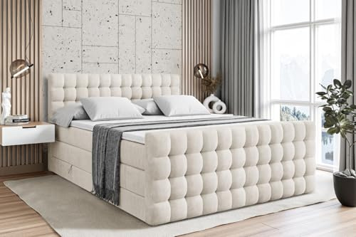 ALTDECOR Boxspringbett mit Matratze und Lattenrost, Topper, Fußteil, Polsterbett mit Bettkasten, Bett mit Stauraum H3- und H4- Matratze,Springboxbett - VIONE-Z King - 180x200 - Beige Samt