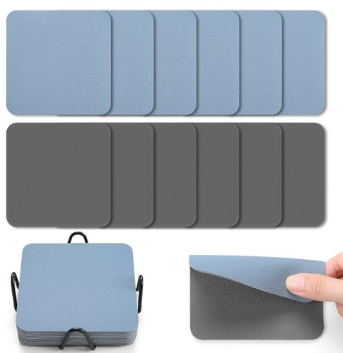 Myir JUN Posavasos Juego de 12 Posavasos 10cm Originales Cuadrados para Copas Posavasos de Cuero de Doble Cara Posavasos Impermeables Termoaislantes y con portavasos（Gris Azul Celeste）