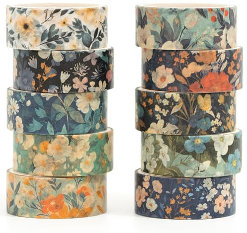 Songdao Blommor Washi Tape set 10 rullar blomkonst dekorativ tejp färgglad för scrapbooking, bullet dagbok, planerare, presentförpackning (6-silver)